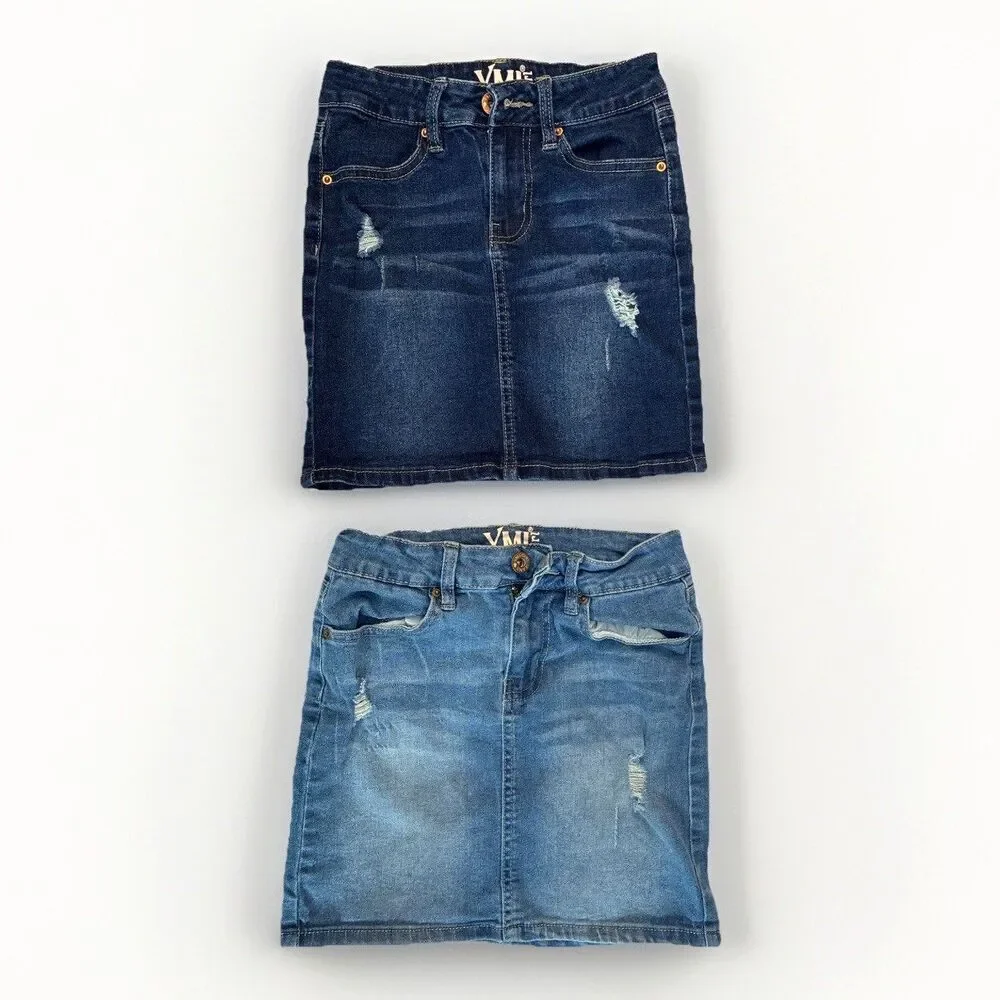 YMI Girls Blue Denim Jean Skirts Size 8 Distressed Lot/2 Stretchy 12